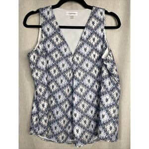 Calvin Klein Plus Size PM V Neck Sleeveless Embroidered Textured Top Blue &White